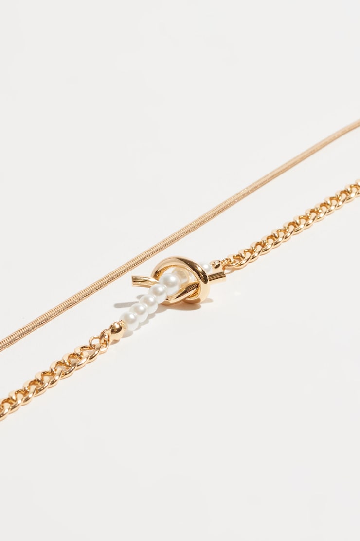Layered Knotted Pearl Necklace Off-White/Gold large