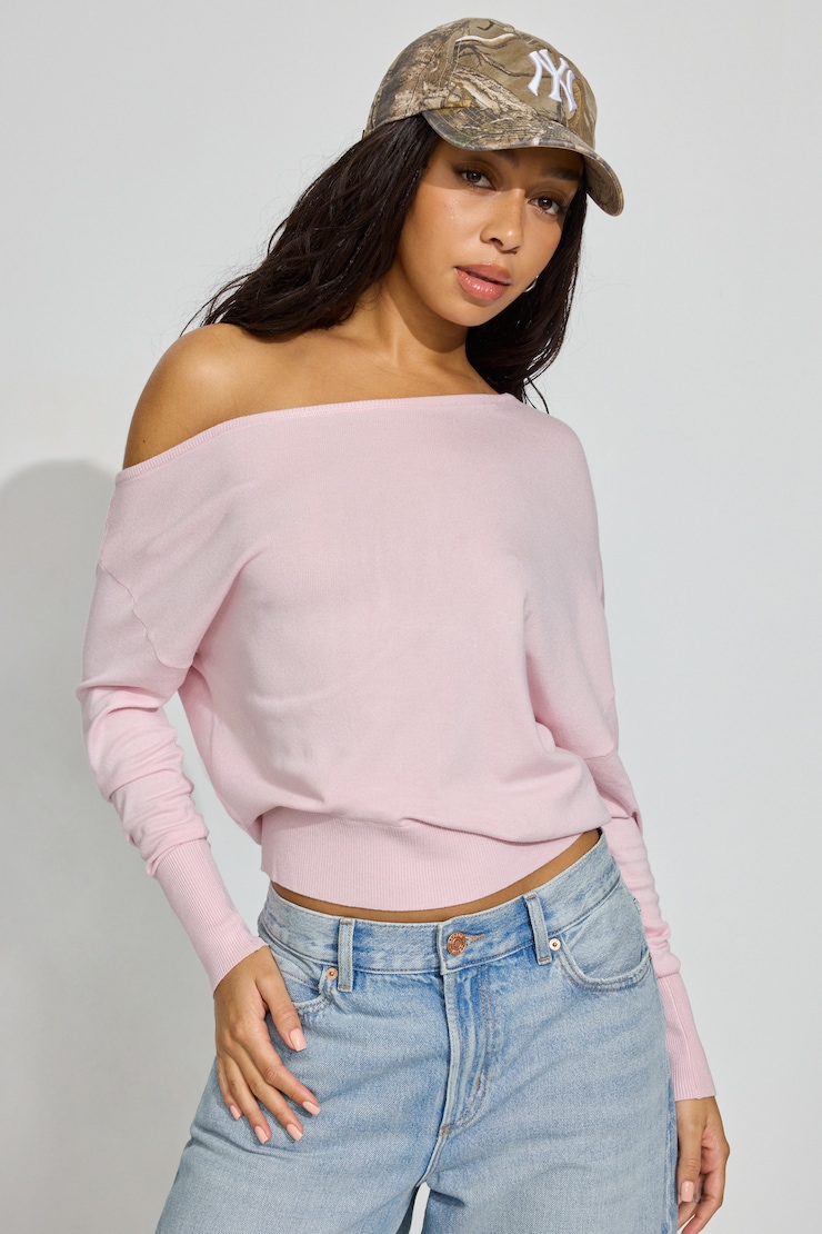 Rae Asymmetric Fine Sweater, Light Pink, large