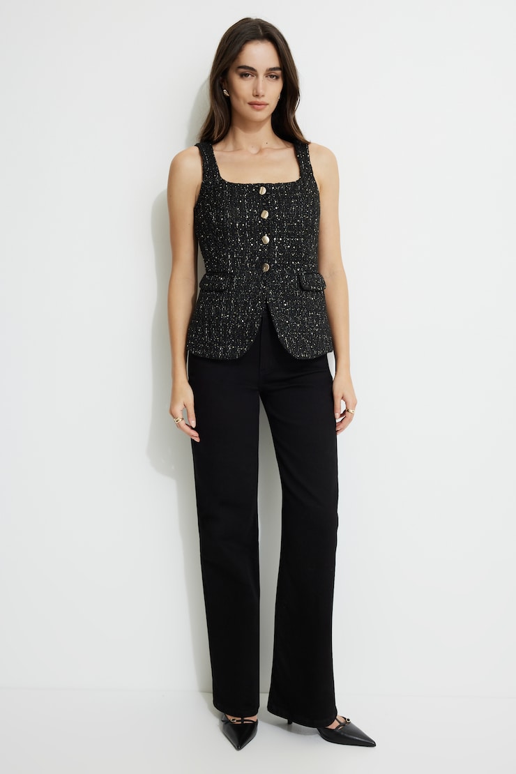 Tweed Square Neck Vest Black | Dynamite