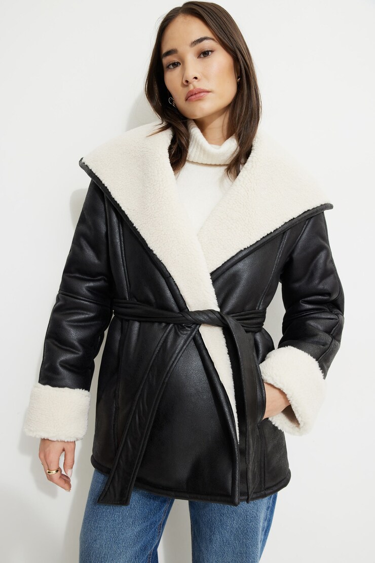 Sherpa Short Faux Leather Wrap Coat Black | Dynamite
