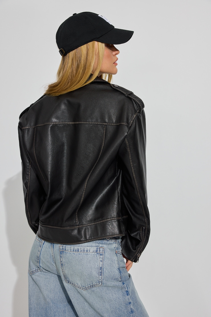Washed Faux Leather Biker Jacket, Jet Black, large
