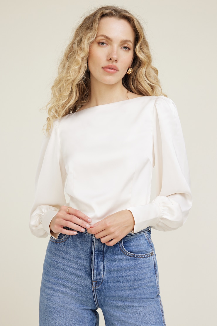 Faye Cropped Boat Neck Satin Blouse Sea Salt Off White large