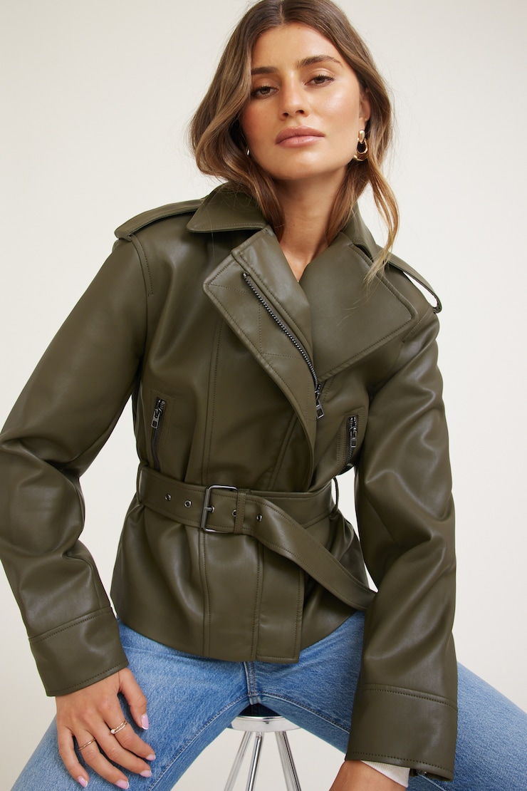 Blouson de moto en faux cuir avec ceinture Kaki mousse tropicale large