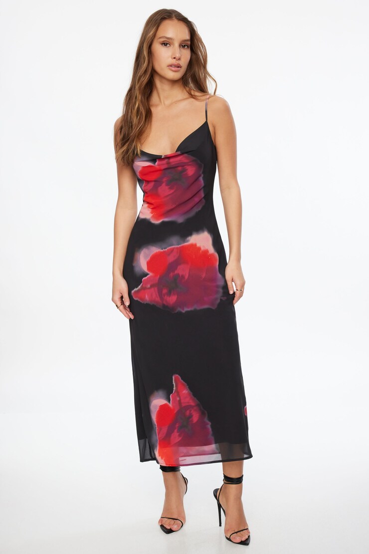 Estera Cowl Neck Slip Maxi Dress Black & Pink Floral large