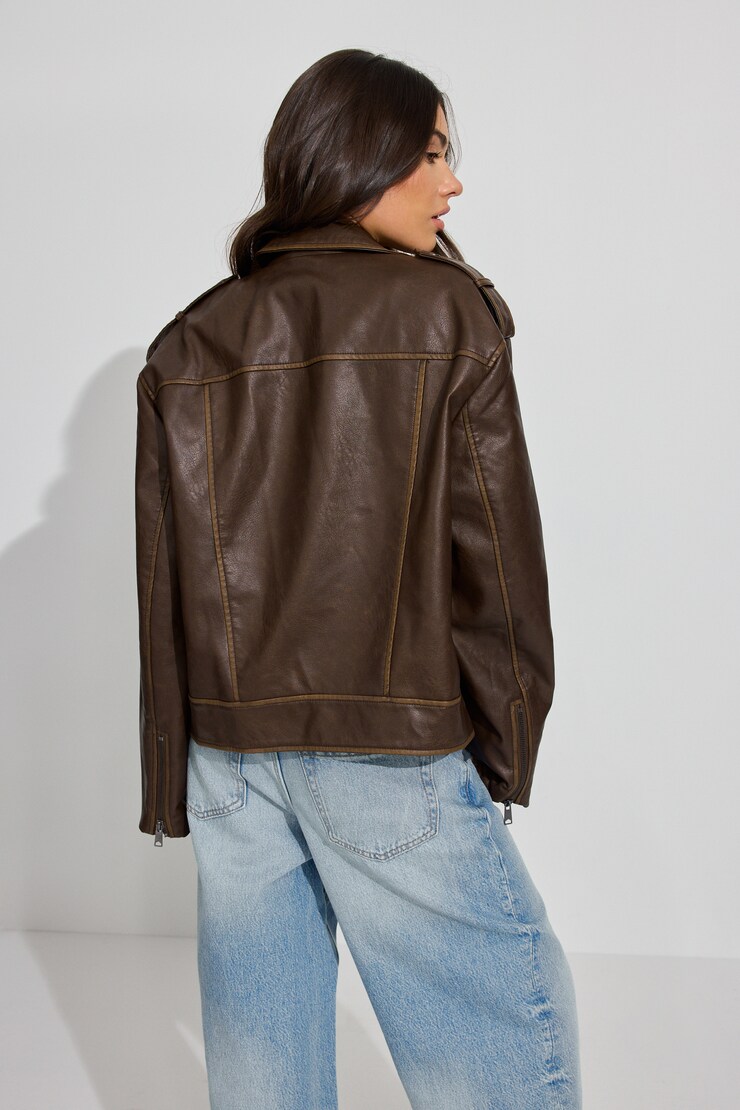 Washed Faux Leather Biker Jacket, Dark Mocha Test-Manual update, large