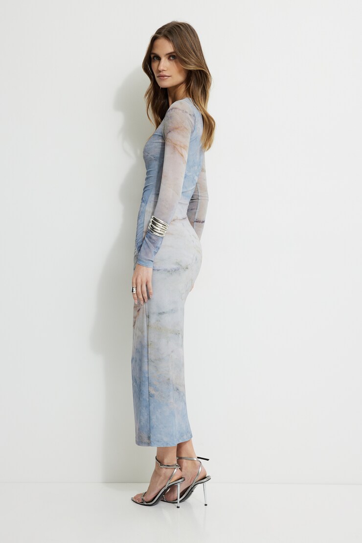Shirred Mesh Maxi Dress Multicolor Marble large