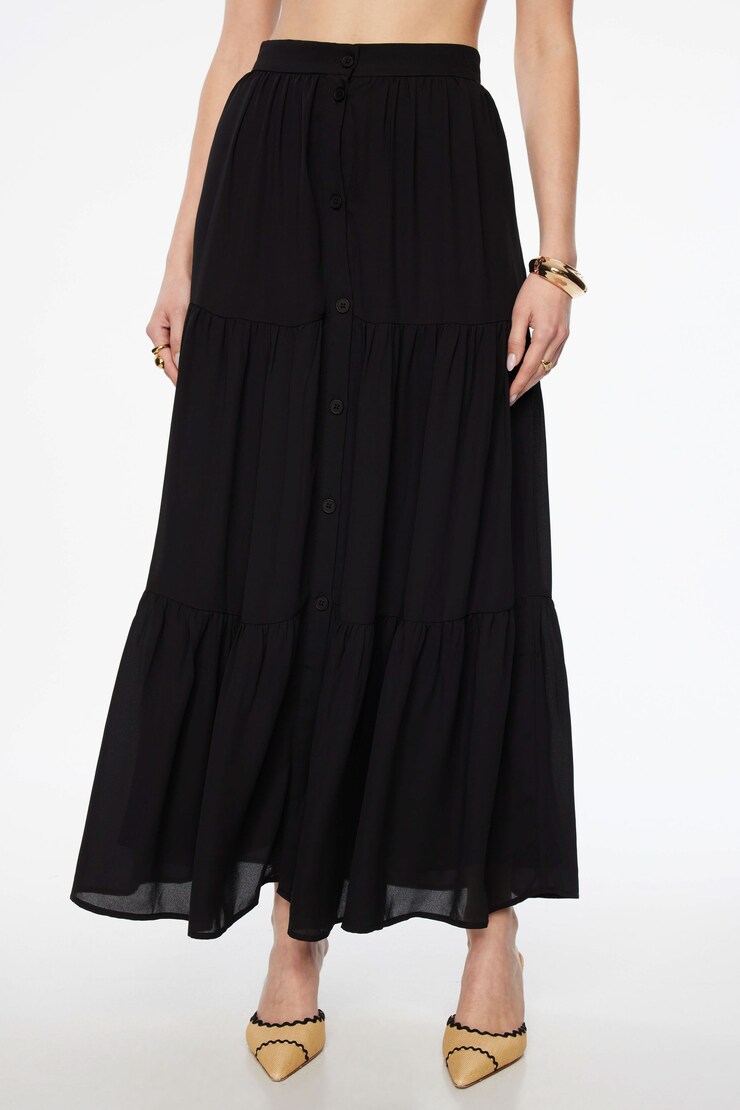 Buttoned Tiered Maxi Skirt Jet Black  large