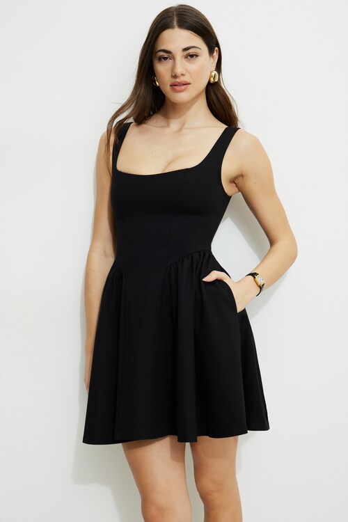 Flared Scoop Neck Ponte Mini Dress Black | Dynamite