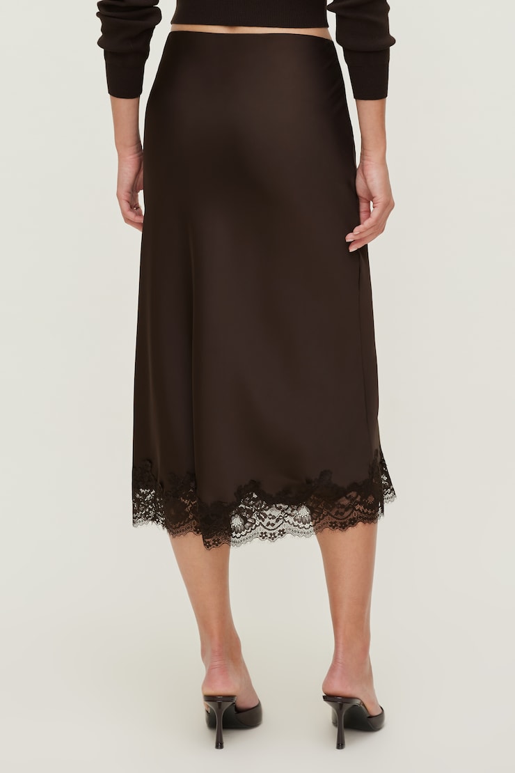 Jupe midi en satin et dentelle