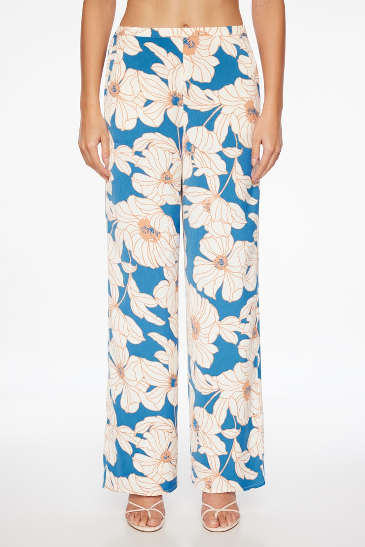Thin Waistband Wide Leg Pants Blue Floral large