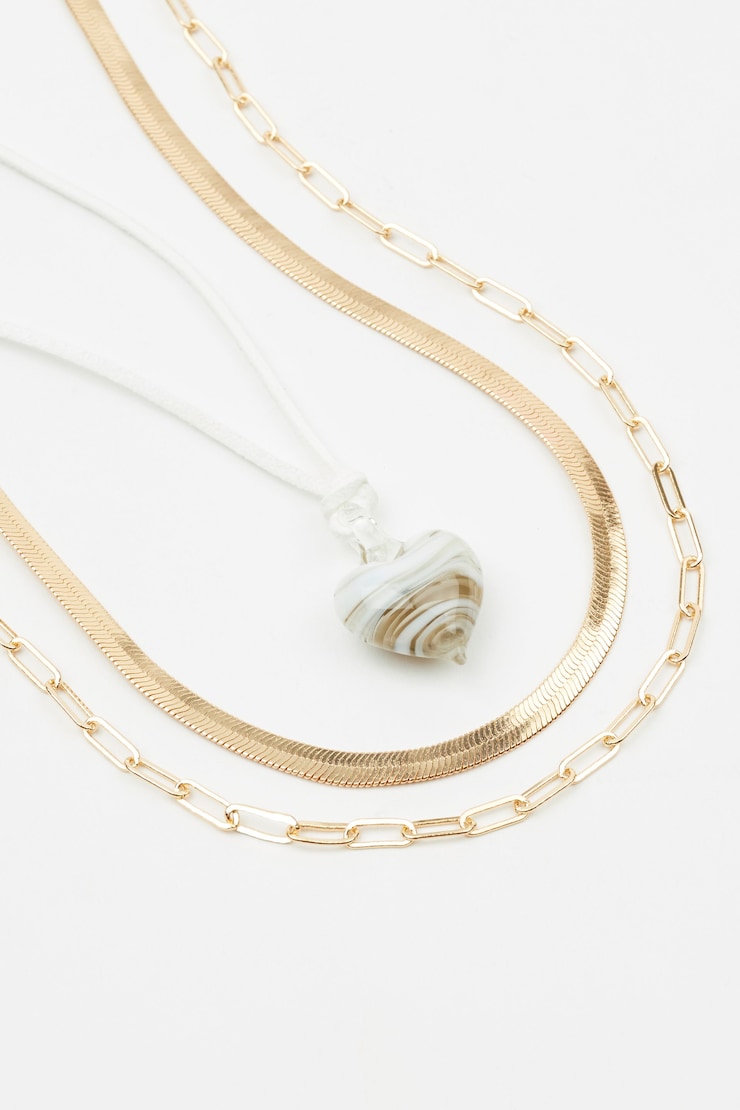 Set of 3 Glass Heart & Chain Necklaces, Off-White/Gold, large