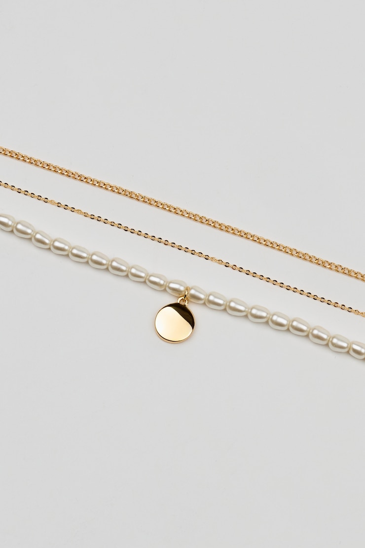 Set of 3 Pearl and Chain Necklaces, Off-White/Gold, large