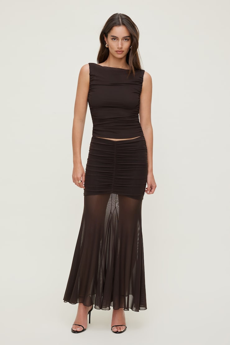 Ruched Mesh Maxi Skirt