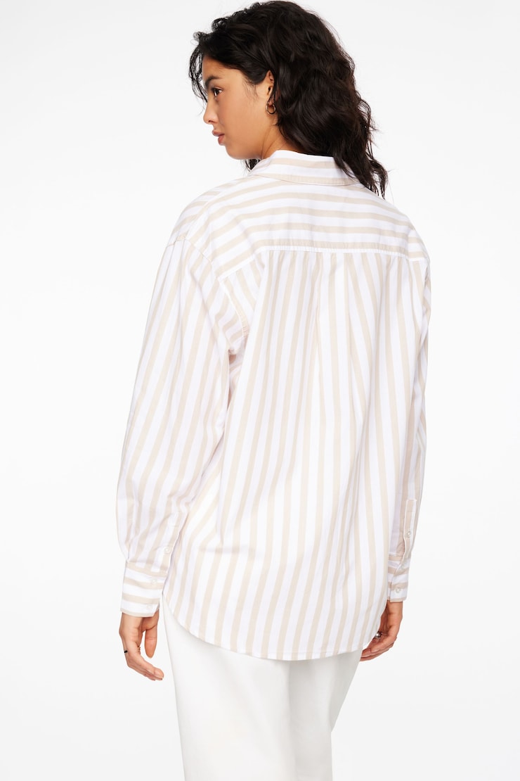 Frida Striped Oversized  Button Up Shirt Light Beige & White Pinstripe large