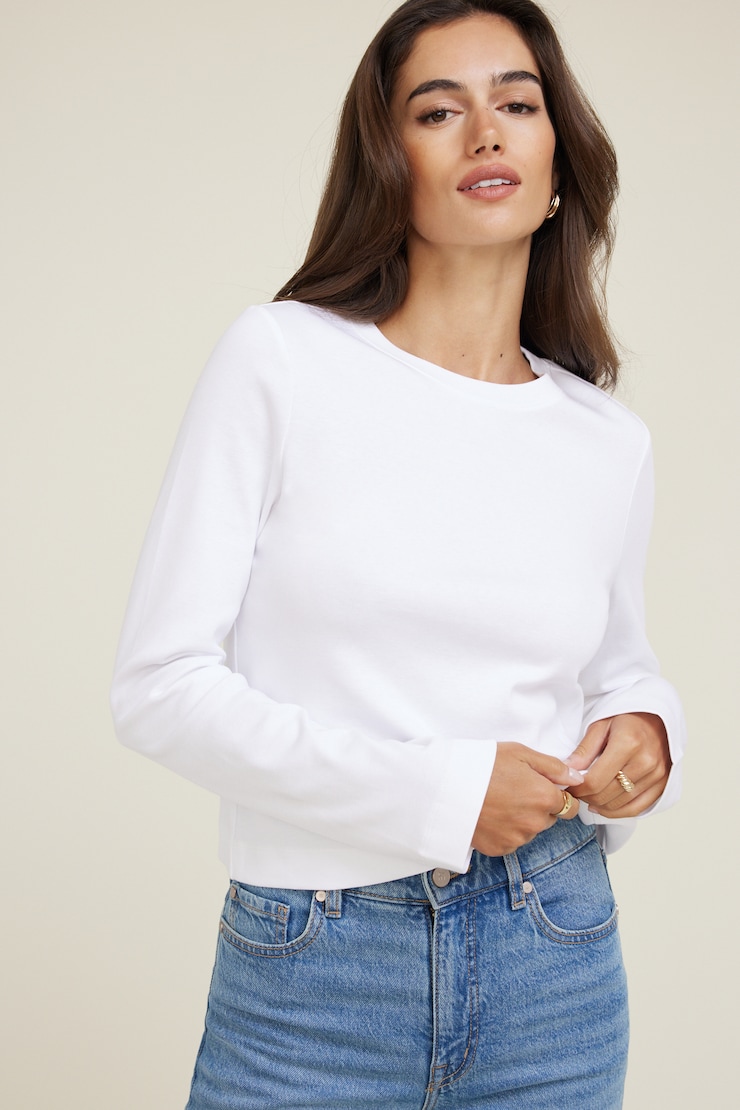 T-shirt carré en coton à manches longues Blanc éclatant large