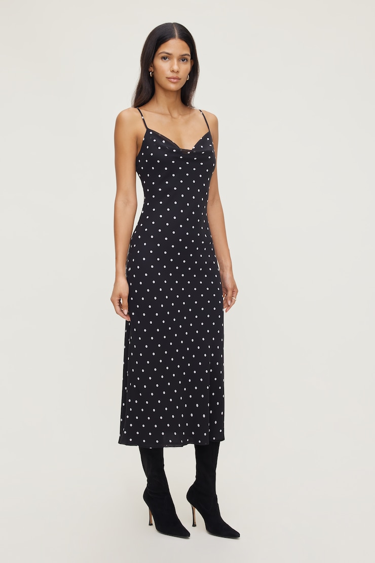 Estera Polka Dot Maxi Dress Black w/White Dots large