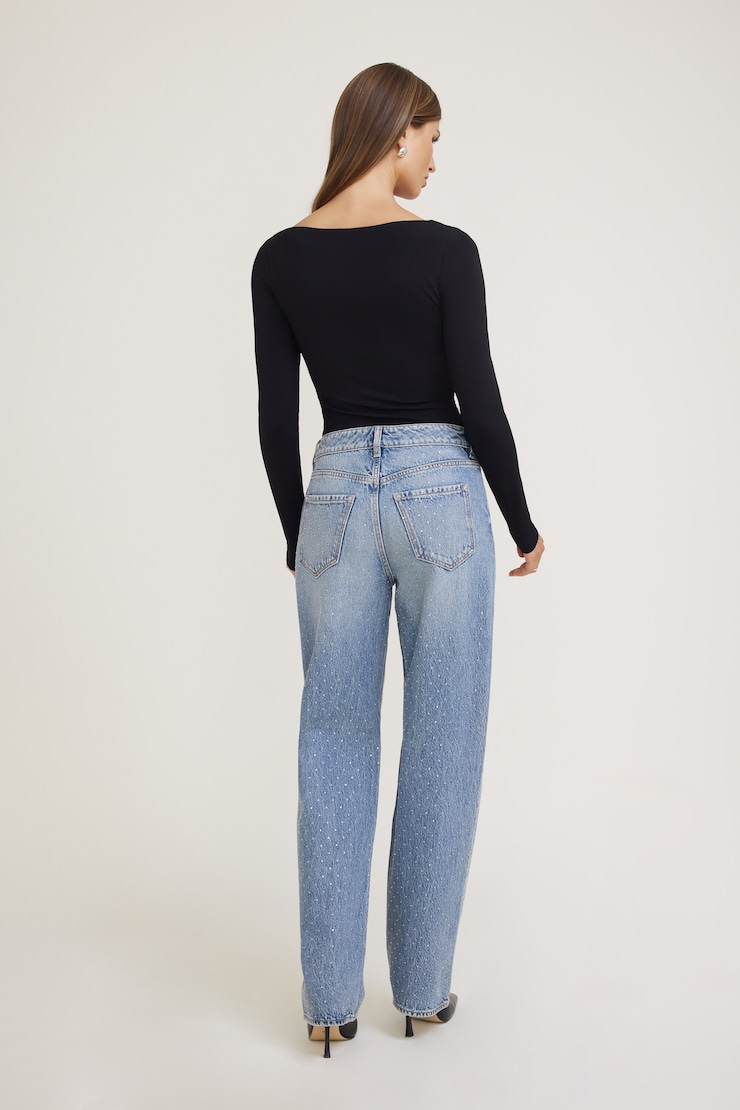 Mika Rhinestone Mid Rise Relaxed Straight Leg Jeans