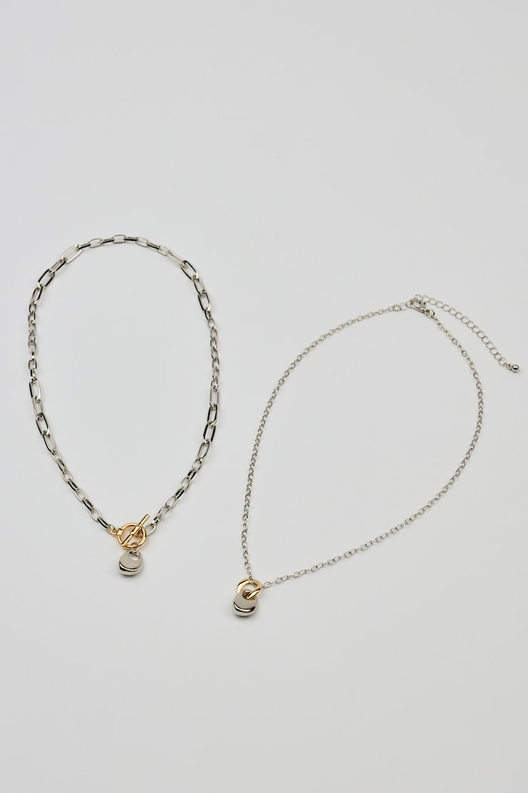 Set of 2 Mini Hammered Oval Necklaces, Gold/Silver, large