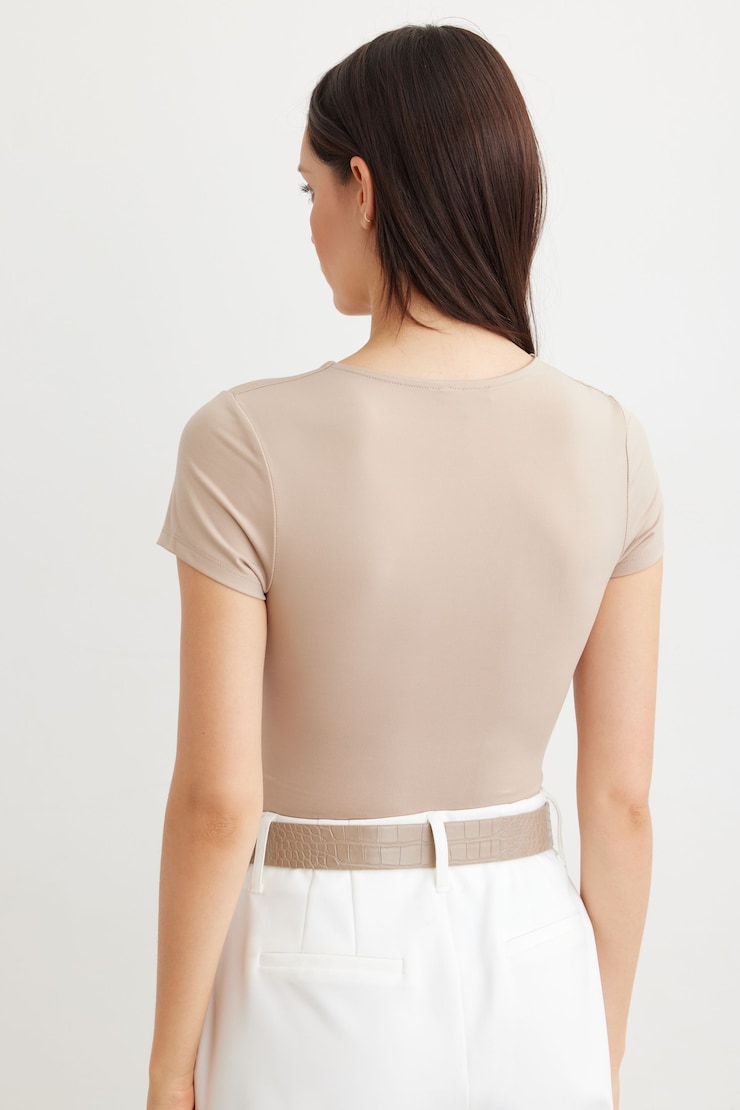 Cassidy Sculpt Short Sleeve V-Neck Bodysuit Tan Lines Beige large