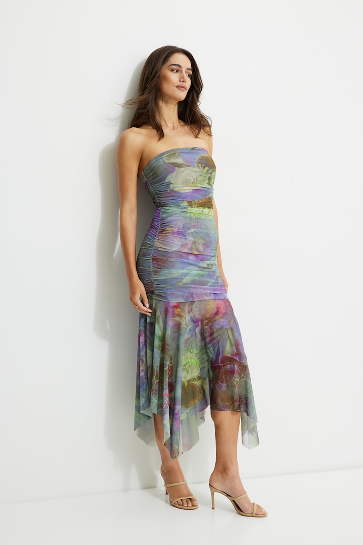 Ruched Mesh Maxi Tube Dress Green & Purple Flower Abstract large