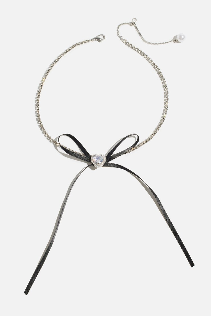 Heart & Ribbon Bow Choker Necklace Silver/Black large