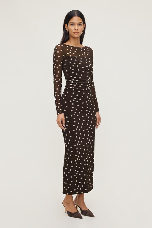 Polka Dot Mesh Maxi Dress Brown | Dynamite