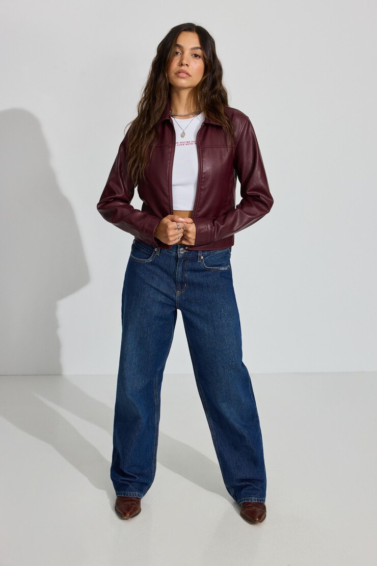 Faux Leather Worker Jacket, Port Royale Burgundy , large