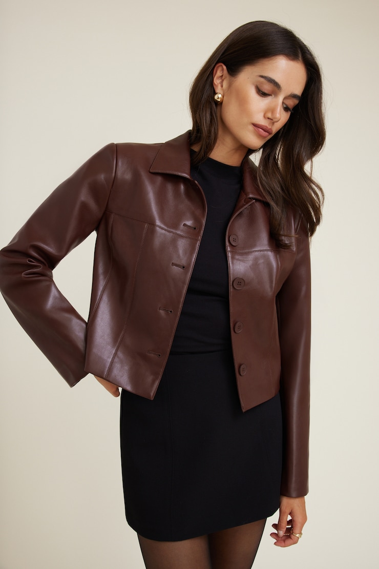 Charlotte Short Faux Leather Jacket Faux Leather Bitter Chocolate Brown large