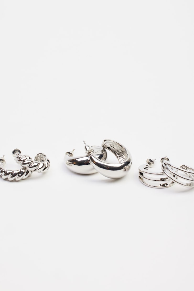 3 Pack Textured Hoop Earrings, Silver, large