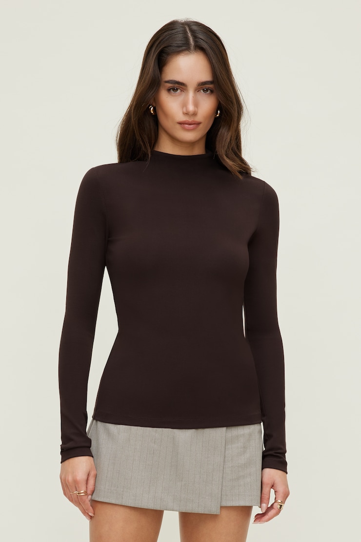 Mock Neck Long Sleeve Top Brown | Dynamite