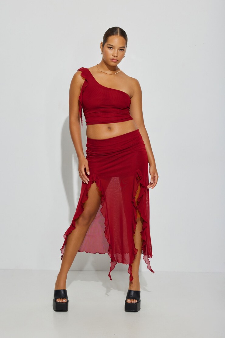Ruffle Midi Skirt, Biking Red, large