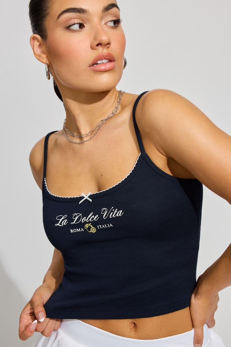 Felicia Femme Cami, Mariana Blue with "Dolce Vita" Art, large
