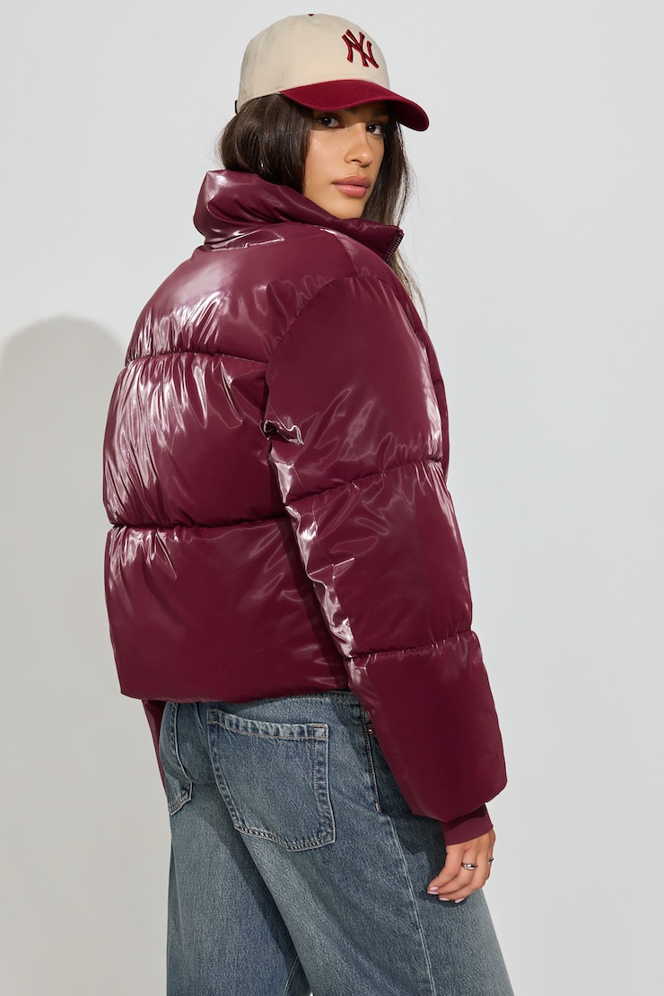 Shiny Puffer Jacket, Maroon banner, large