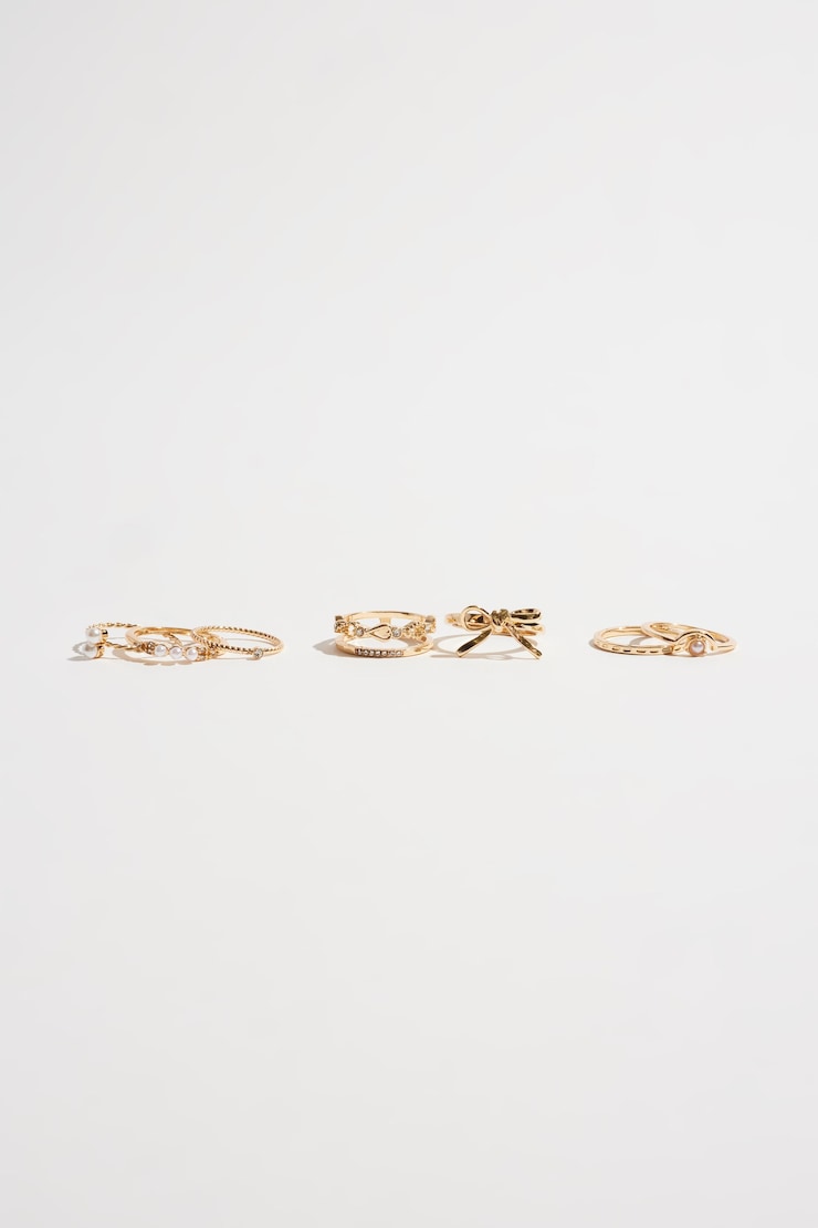 8-Pack Pearl and Bow Delicate Rings Off-White/Gold large