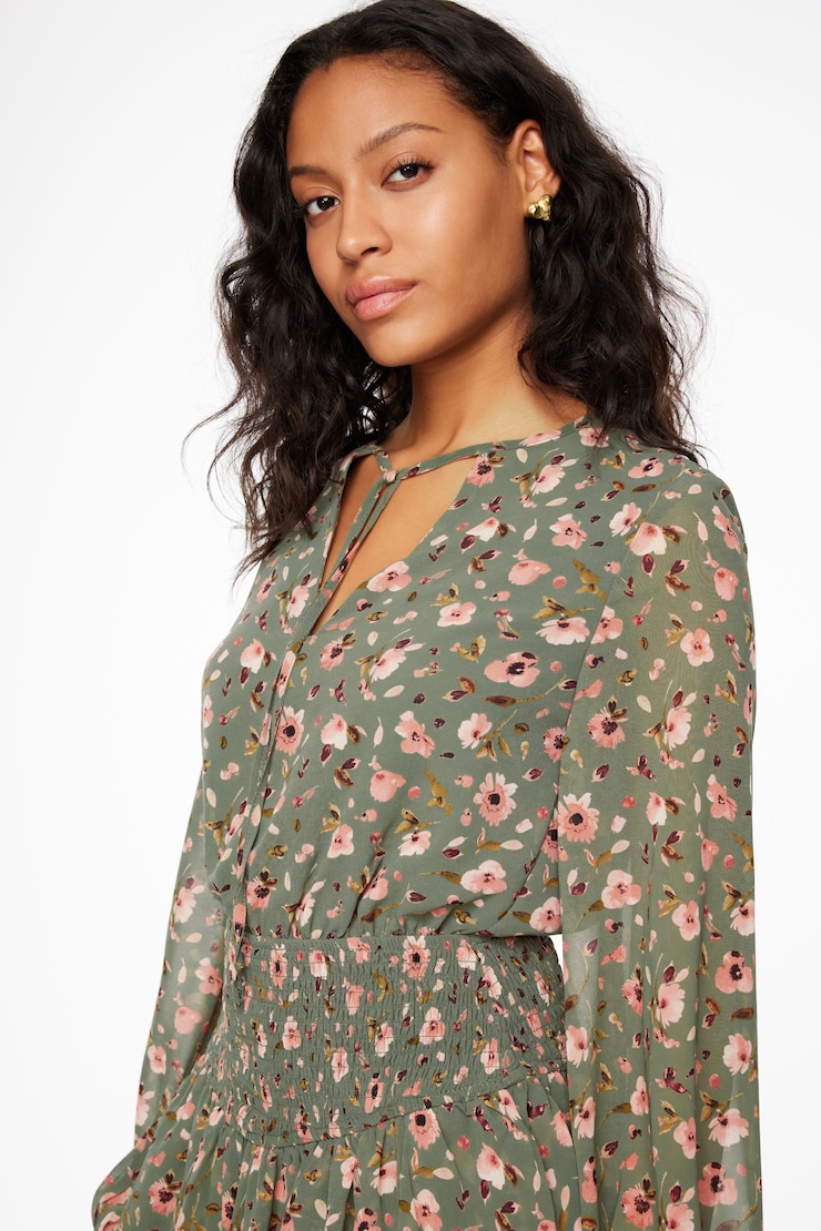 Long Sleeve Tiered Mini Dress Green & Blush Floral large