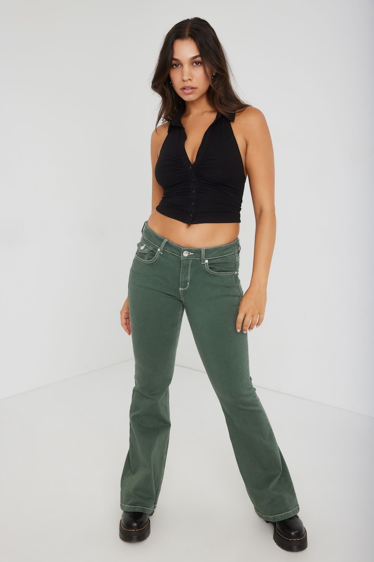 Low Rise Flare Jean, Moss Green, large