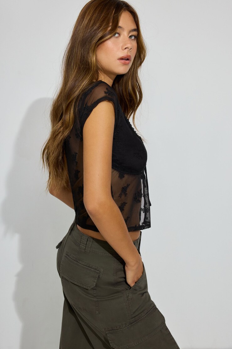 Embroidered Tie Front Top, Jet Black, large
