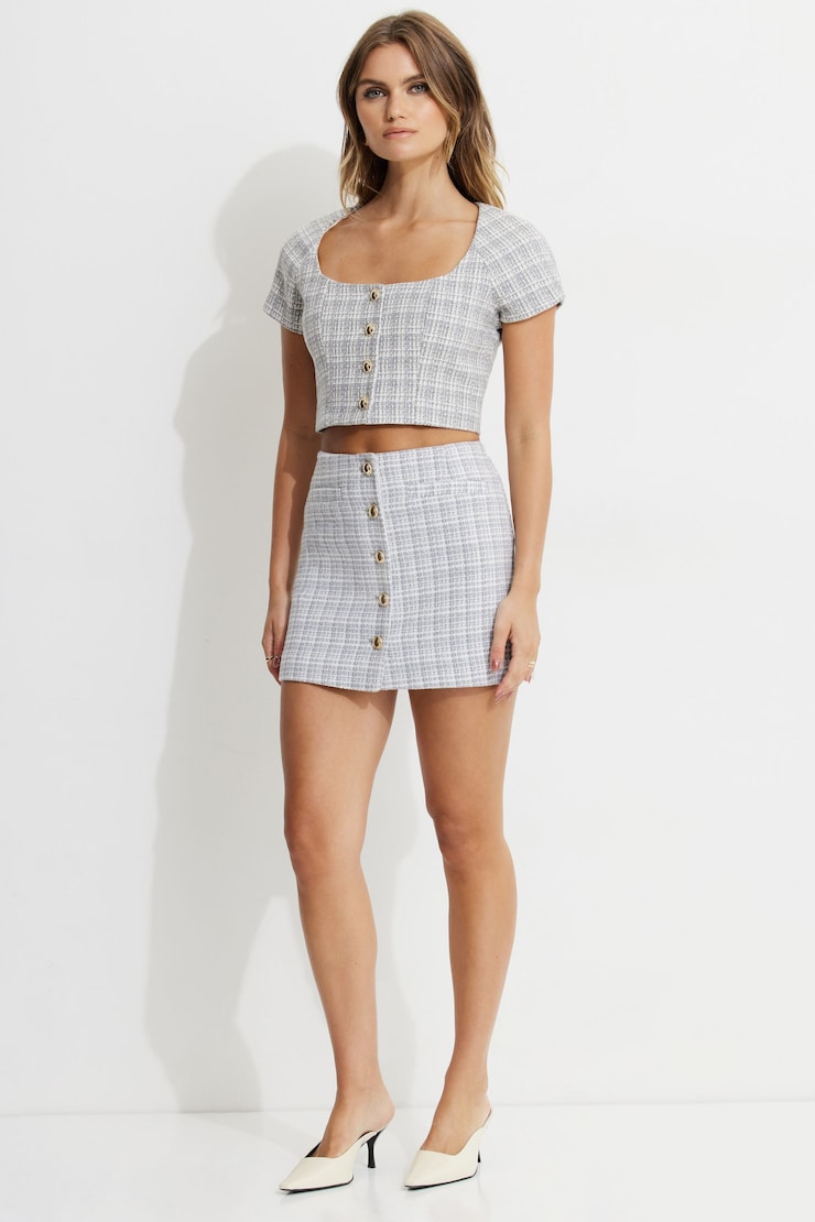 Cropped Tweed Blouse Grey Plaid large