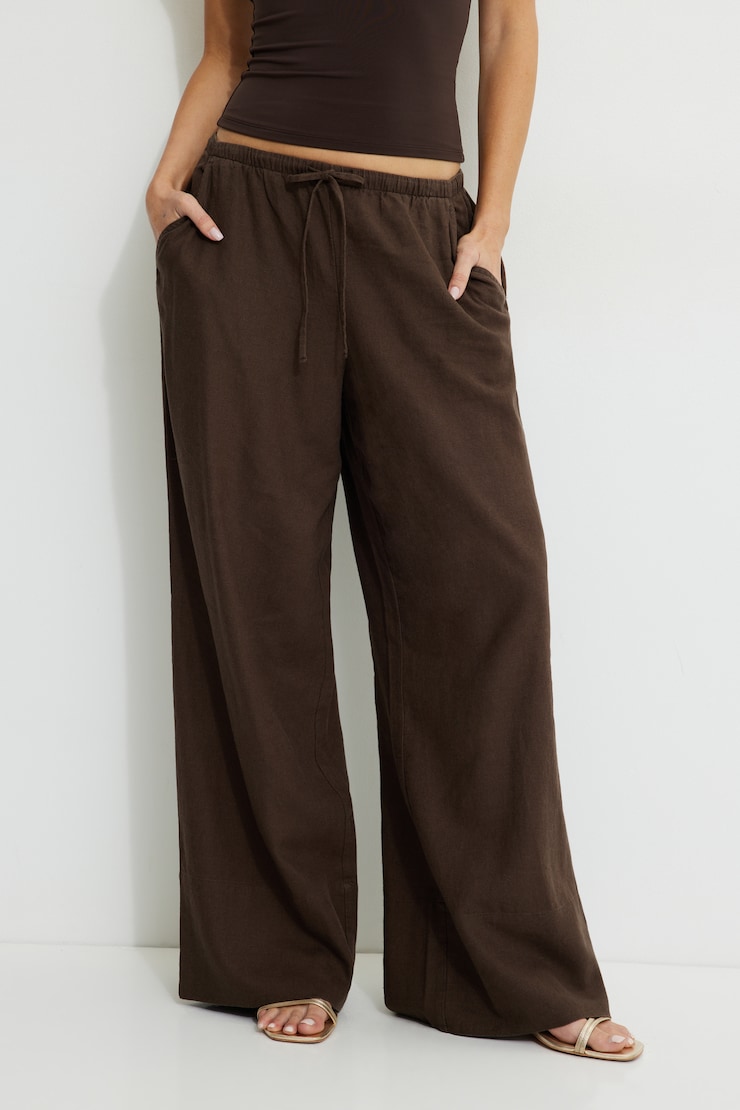 Pantalon à jambe large en lin Leo Brun café large