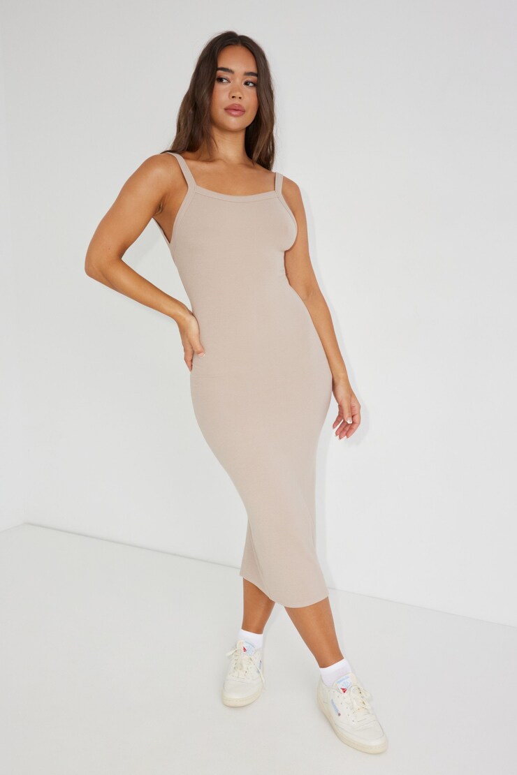 Naomi Low Back Midi Dress , Cobblestone Beige, large