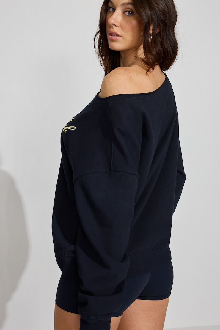 SoftTerry Off Shoulder Sweatshirt, Mariana Blue with "Beach Club" Art, large
