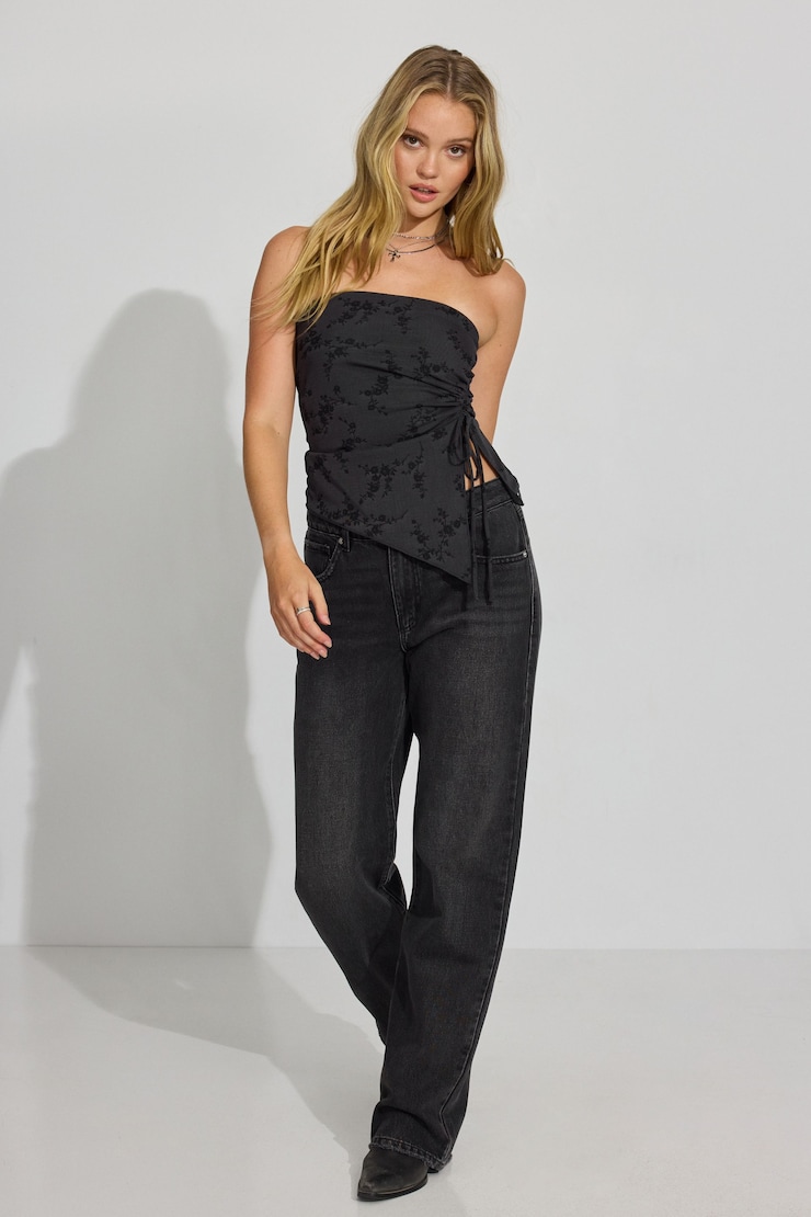 Shirred Asymmetric Tube Top, Forged Iron Grey/Black Floral, large