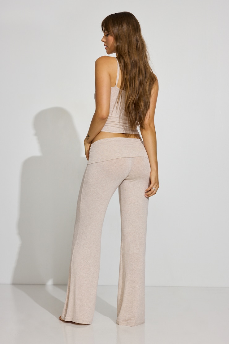 Sheer Ribbed Foldover Pants, Cocoa Butter Oatmeal Mix, large