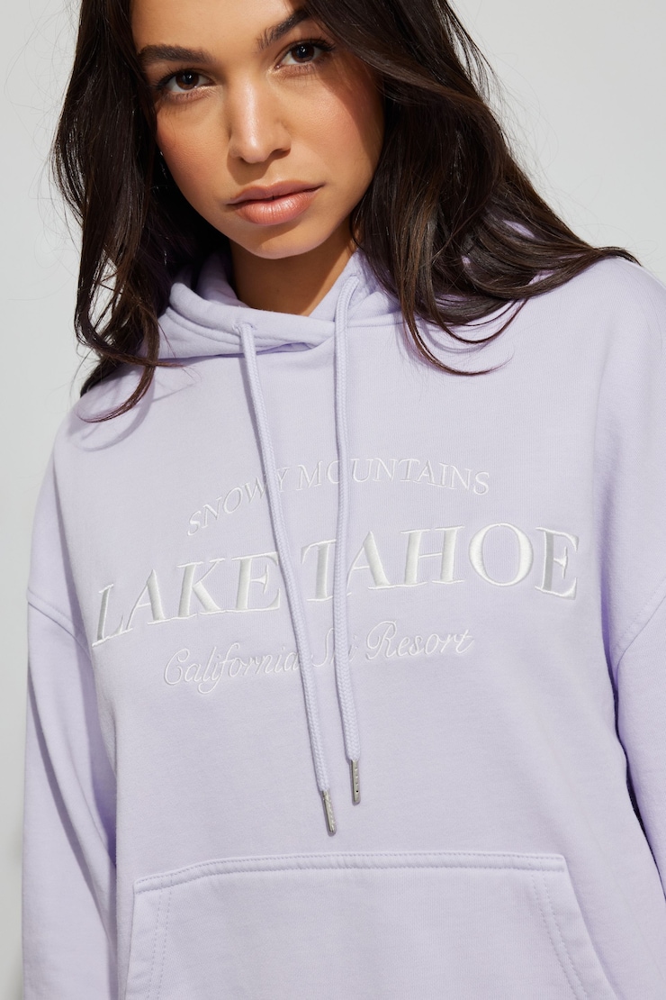 Oversized Classic Hoodie, Purple Rose with "Lake Tahoe" Art, large