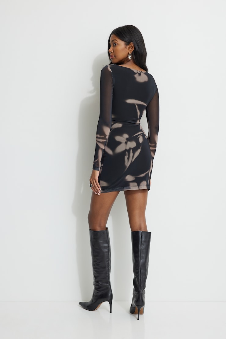 Shirred Mesh Mini Dress Brown Flowers large
