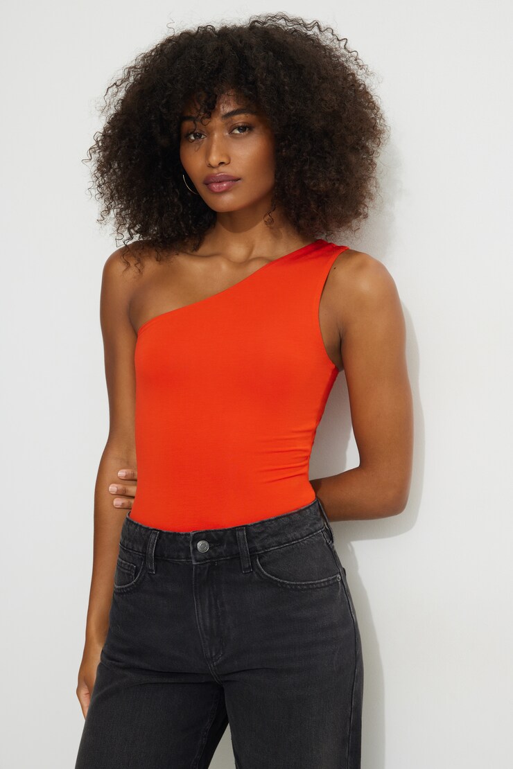 Single Shoulder Jersey Bodysuit Fiery Red large