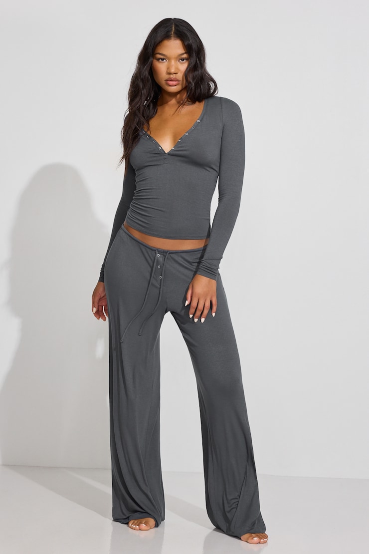 Sheer Ribbed Henley Long Sleeve Top