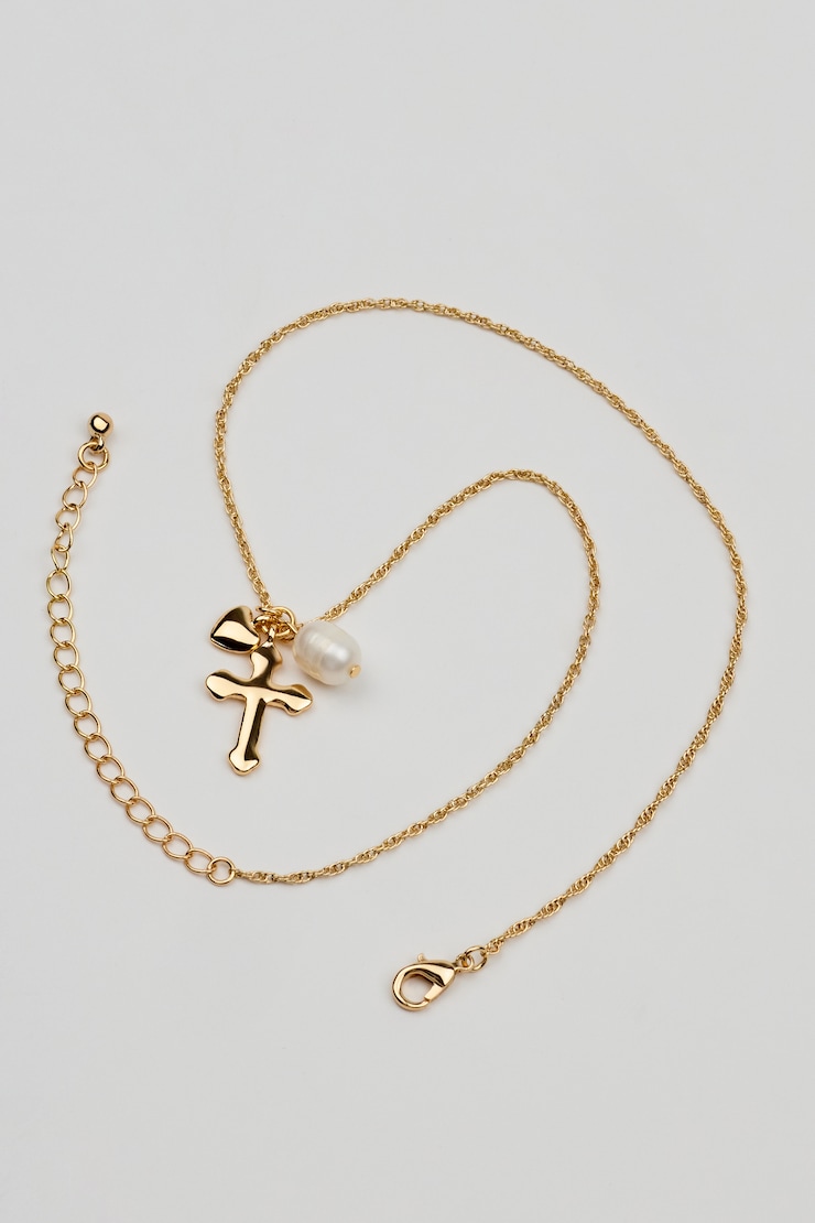 Cross, Pearl, & Heart Necklace, Off-White/Gold, large