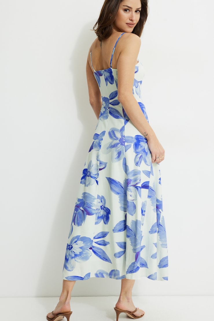 Robe maxi Belle à col en cœur Fleurs bleues peintes large