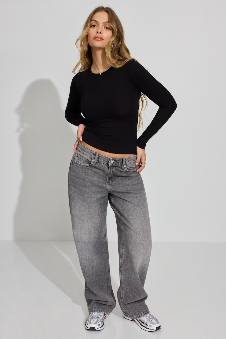 Estelle Ribbed Long Sleeve T Shirt, Jet Black, large